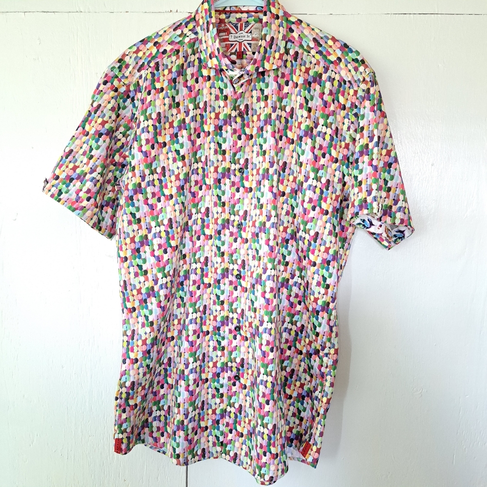7 Downie St. Rainbow Jelly Bean Short Sleeve Button Front Cotton Shirt S…